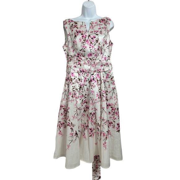 Cherry Blossom Print Dupioni Midi Dress Sz 16 Split Boat Neck Sash Belt New - Picture 10 of 13